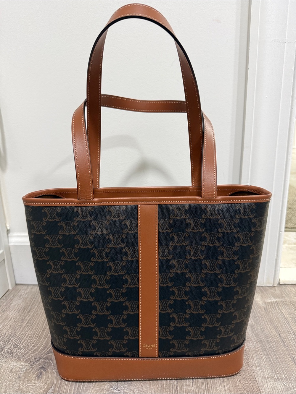 Celine Brown and Black Logo-Print Leather Tote